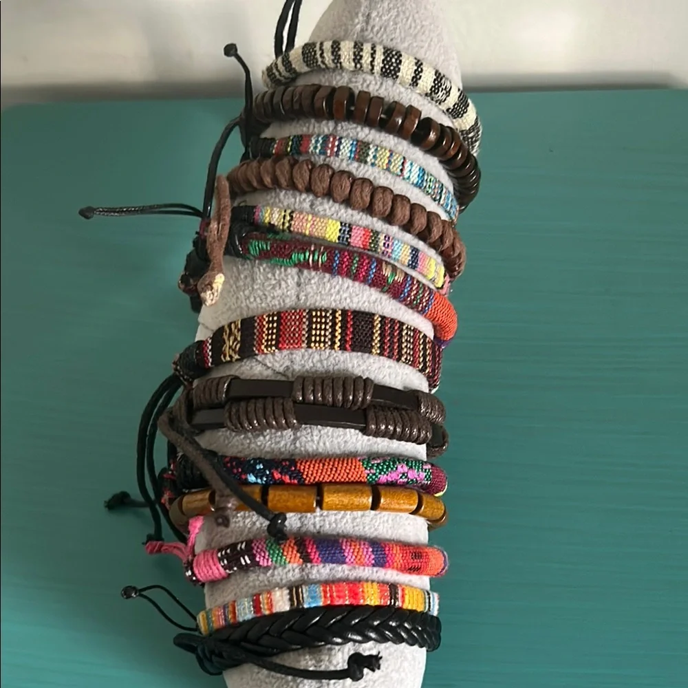 Vibrant Multicolor Wood Bead Woven Vegan Leather Bohemian Bracelets 13 Piece Set